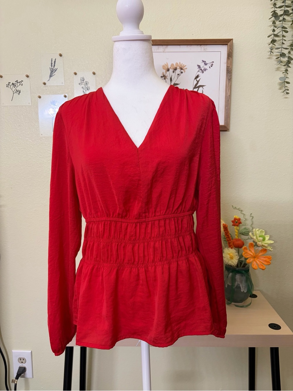 DOLAN Anthropologie Red Smocked Waist Peplum V Neck Puff Sleeve Blouse